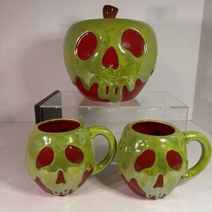Disney Villains Poison Apple Halloween Candy Cookie Jar and Set of 2 Mugs EUC